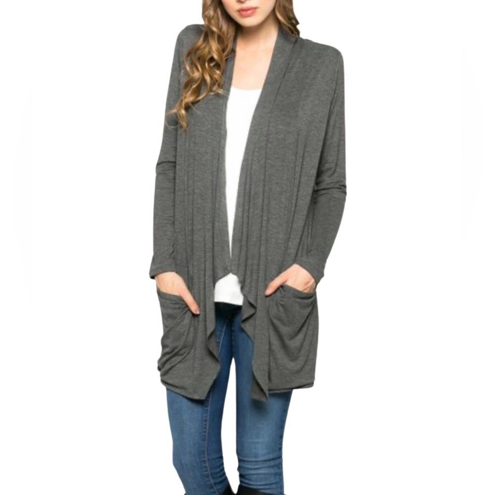 NWT Sweet Pea Heather Charcoal Front-Pocket Drape Cardigan. Large